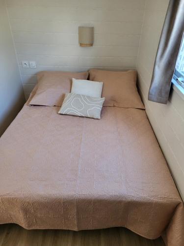 - un lit avec un oreiller dans une petite chambre dans l'établissement Gîte Sous le Tilleul, à Saint-Florent-le-Vieil