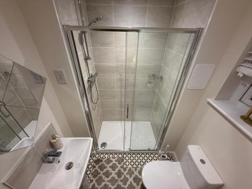 a bathroom with a shower and a toilet and a sink at Loch Ness Hideaway in Inverness