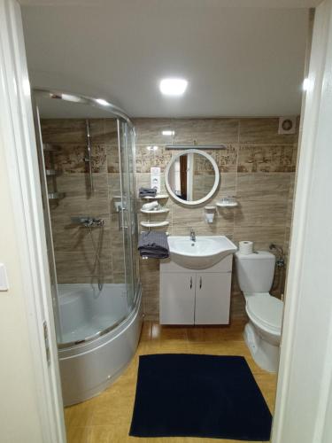Un baño con lavabo, inodoro y ducha. en Melden Apartment, en Budapest
