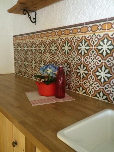 a kitchen counter with a vase and a plant on it at Rhodes Summer House in Gennadi