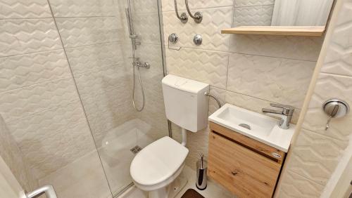 a bathroom with a shower and a toilet and a sink at Cicki Apartments I - Renovated 2025 in Podgorica