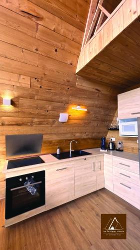 a kitchen with a sink and a wooden wall at Les Atypiques Chalets in Barbey-Séroux