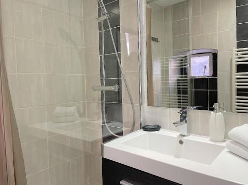 une salle de bain avec un lavabo et une douche avec un miroir dans l'établissement St Claire vieille ville d'Annecy, à Annecy