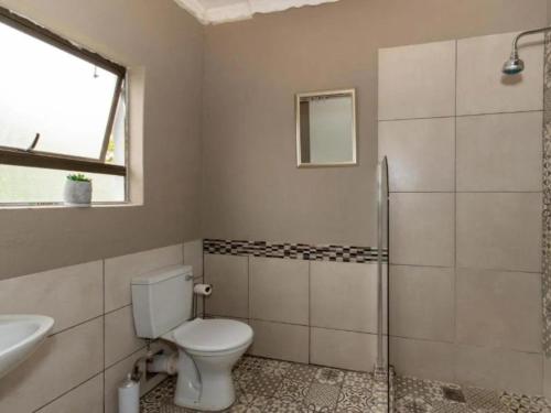 a bathroom with a toilet and a sink and a shower at Woodpecker's Guest House in Hazyview