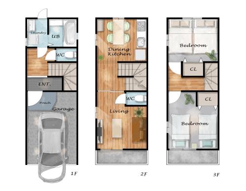 two views of a floor plan of a house at MARIO House - Free Parking- in Osaka