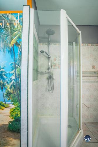 une douche avec une porte vitrée dans une salle de bain dans l'établissement Villa avec piscine et studio, Séjour convivial !, à Sabran