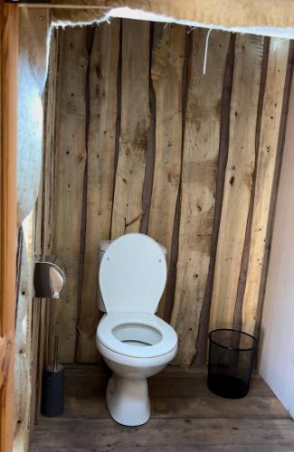 a toilet in a room with a wooden wall at Sayakat Eco Camp in Kaji-Say