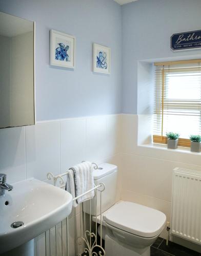 a bathroom with a white toilet and a sink at Skipton Centre, superb 2 bedroom cottage in Skipton