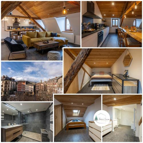 a collage of photos of a kitchen and a living room at Pépite Alpine - Centre ville - WIFI in Barcelonnette