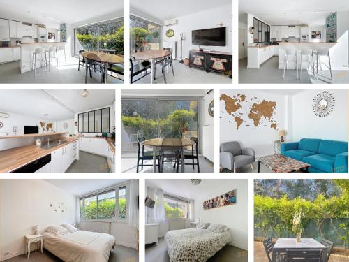 un collage de photos d'un salon et d'une cuisine dans l'établissement Appartement Lumineux en rez de jardin & Terrasse - Les Frères de la Loc', à Marseille