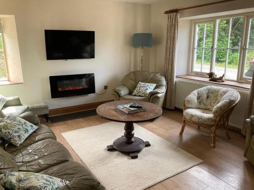a living room with a couch and a table and a fireplace at Bayvil - Nevern in Velindre-farchog