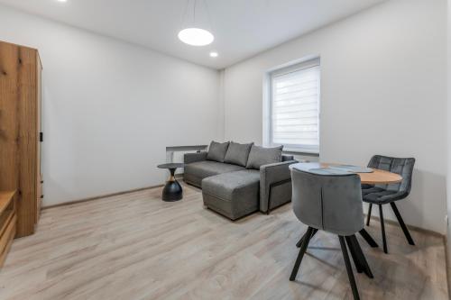 a living room with a couch and a table at Centrinis butas šalia senvagės in Panevėžys