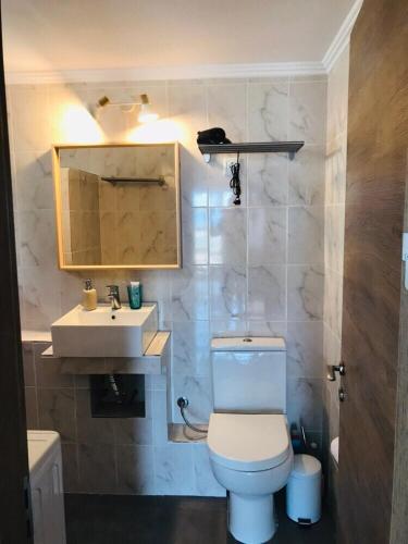 a bathroom with a white toilet and a sink at Samothraki Vacation Home, amazing Saos view, 2BR in Samothráki