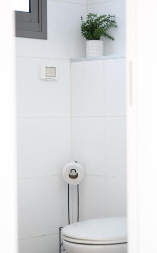 a white bathroom with a toilet with a plant on top at Urban Nest Yaavetz Tlv in Tel Aviv