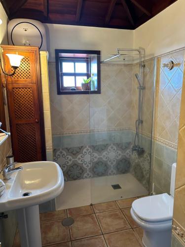 a bathroom with a shower and a sink and a toilet at Casa Rural Los Mangos in Fuencaliente de la Palma