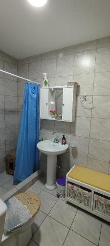 a bathroom with a sink and a shower at Trikala Apartments 3 in Tríkala