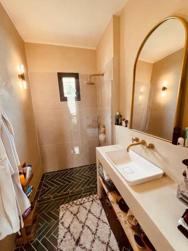une salle de bain avec un lavabo et une douche dans l'établissement House with patio in Camas, à Marseille