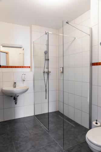 a bathroom with a glass shower and a sink at Orange Hotel und Apartments in Neu Ulm