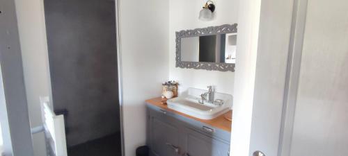 a bathroom with a sink and a mirror at La Coquille, chambre douillette auprès d'un élevage d'escargots in Ouroux-sous-le-Bois-Sainte-Marie