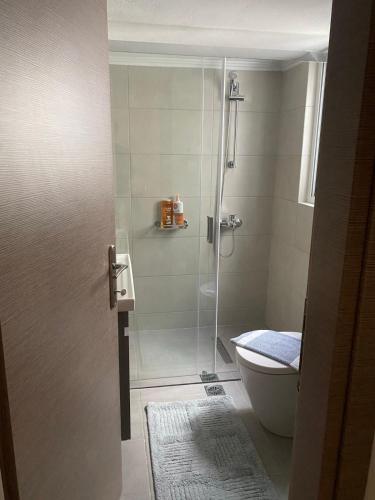 a bathroom with a shower and a toilet at 11studio in Nafplio