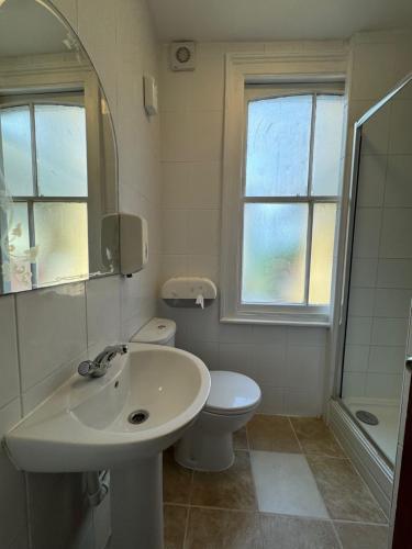 a bathroom with a sink and a toilet and a mirror at Bridge Park Hotel in London