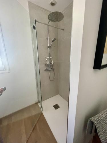 une douche avec une porte vitrée dans une salle de bain dans l'établissement L Oiseau, à Saint-Hilaire-de-Riez