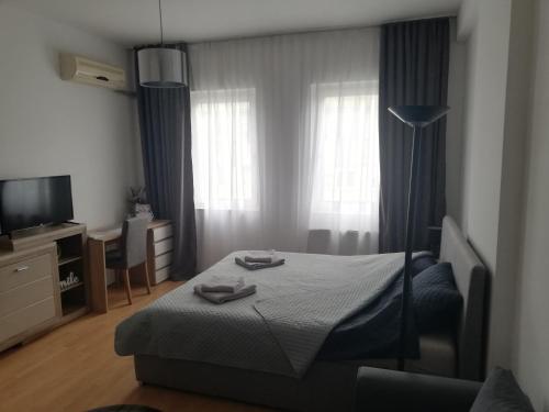 a small bedroom with a bed and a television at City Center Studio in Niš