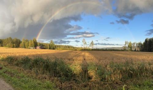 a rainbow in the sky over a field at Hus Hammerstrand in Hammarstrand