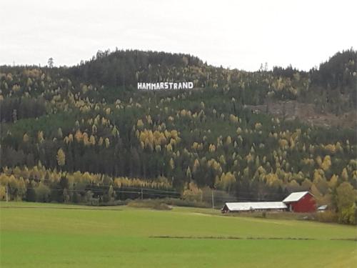 a sign on a hill with a field and a barn at Hus Hammerstrand in Hammarstrand