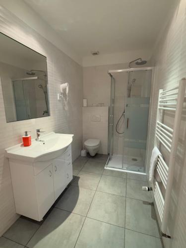 a bathroom with a shower and a sink and a toilet at Hotel King George in Prague