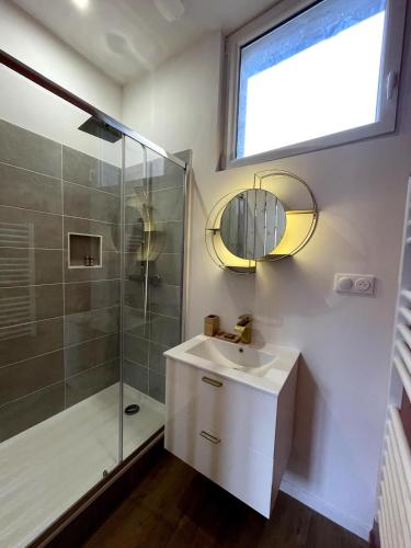 une salle de bain avec une douche, un lavabo et un miroir dans l'établissement Agréable maison de ville tout confort Villerurbanne, à Villeurbanne