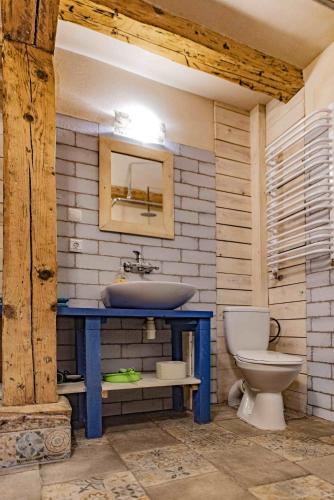 a bathroom with a sink and a toilet at Apartamenty Folwark Malinowy Chruśniak in Bisztynek