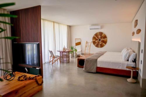 a bedroom with a bed and a flat screen tv at Nanii Hotel in São Miguel do Gostoso