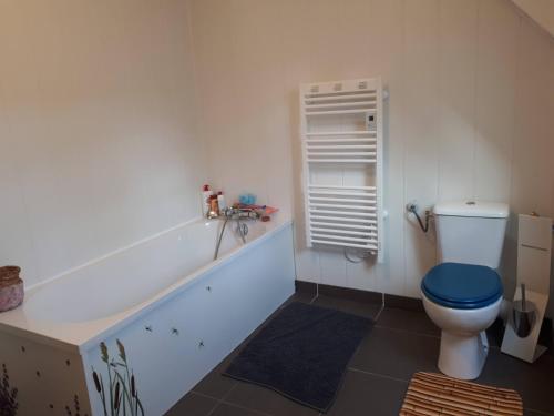La salle de bains est pourvue de toilettes bleues et d'une fenêtre. dans l'établissement maison familiale au calme, proche nature, à Crots
