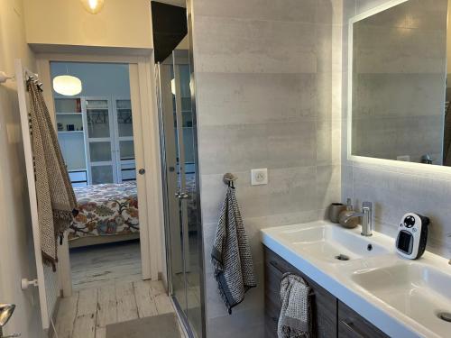 une salle de bain avec un lavabo et un miroir dans l'établissement Maison familiale avec piscine, à La Teste-de-Buch