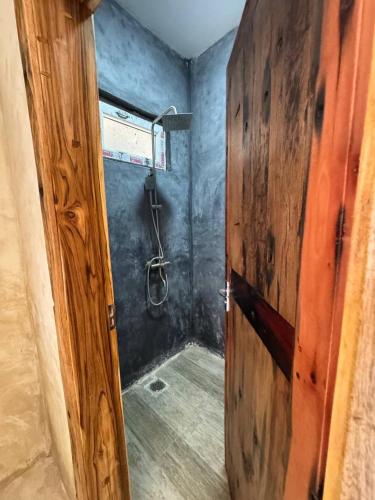 a bathroom with a shower with a wooden door at Compass Hostel in Nungwi