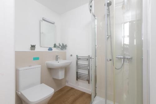 a bathroom with a toilet and a sink and a shower at 64 Una in Carbis Bay