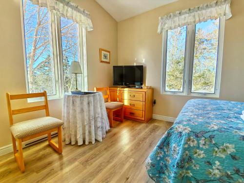 a bedroom with a bed and a tv and two windows at 181 Oceanside Inn in Peggy's Cove