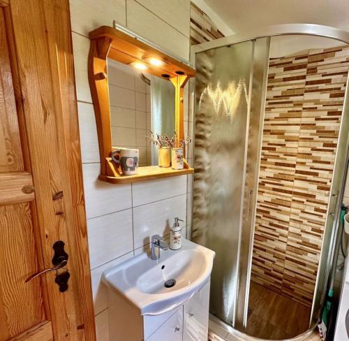 une salle de bain avec un lavabo et une douche dans l'établissement Two Angels, à Bled