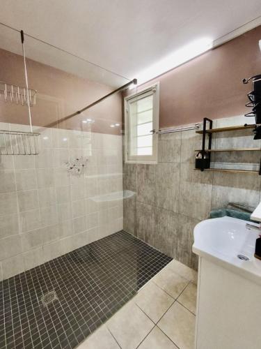 a bathroom with a shower and a sink at Chez Papoum et Lilou, vue imprenable avec terrasse au calme in Limoux