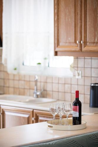 a bottle of wine on a tray with two wine glasses at Villa Kounoupas, comfy villa with swimming pool up to 8 guests! in Lamerianá