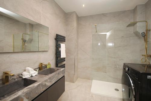 une salle de bain avec un lavabo et une machine à laver dans l'établissement LE LYNX HAUSSMANIEN appartement tout confort, climatisé avec parking privé, à deux pas du centre, à Colmar