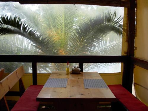 a wooden table in front of a window with a palm tree at Apartments Kiro in Milna