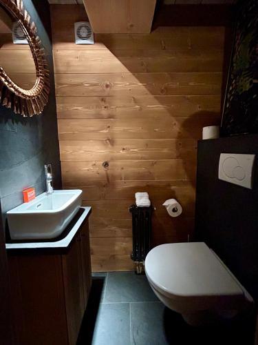 a bathroom with a white toilet and a sink at Unique, High-Design 6 Bedrooms Chalet in Villars Centre in Ollon