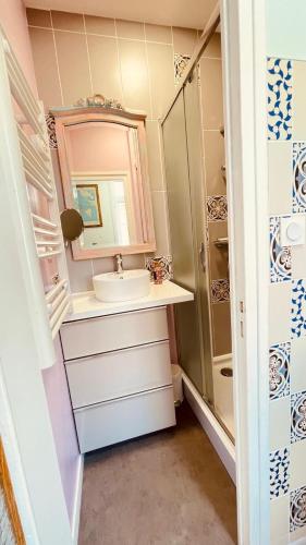 une petite salle de bain avec un lavabo et une douche dans l'établissement VILLA JULIETTE, à Dunkerque