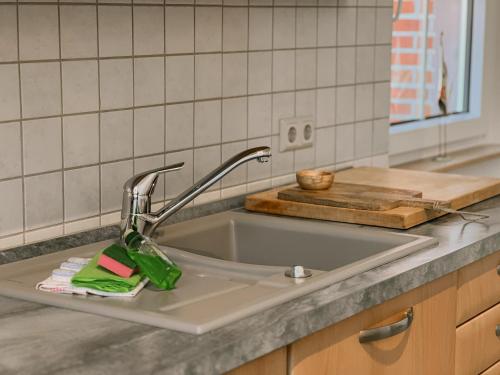 eine Küchenspüle mit grünem Waschlappen und einem Schwamm in der Unterkunft "Unnen" in der Alten Schule Greetsiel in Krummhörn