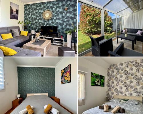 three different views of a bedroom and a living room at LA REUNION - Maison - Jardin Clos - Wifi in Ergué-Gabéric