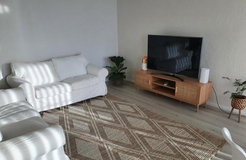 a living room with a couch and a television at Seaview Escape Glenelg in Glenelg