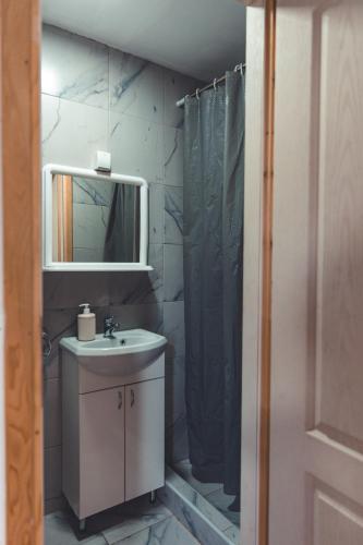 a bathroom with a sink and a mirror and a shower at Konak Dobri Potok in Krupanj
