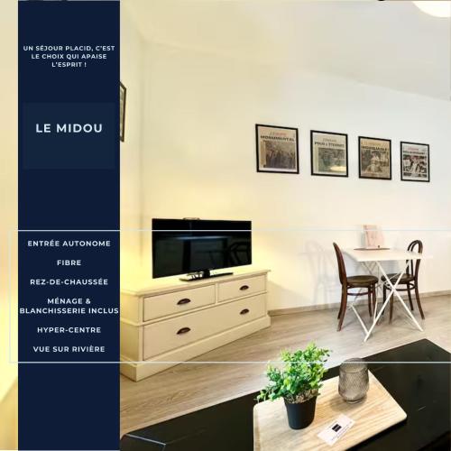 a living room with a tv and a table at Le Midou - Central - Calme - Vue sur Rivière - Fibre in Mont-de-Marsan